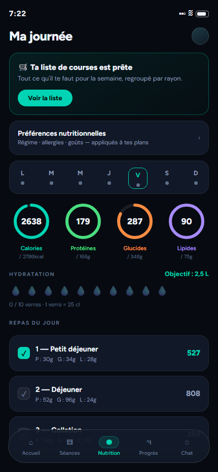 Écran Nutrition d'Arnold côté élève : liste de courses prête, anneaux de calories et de macros, repas du jour.